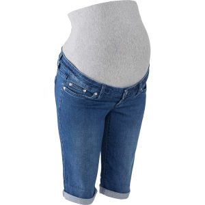 Bermudy dżinsowe ciążowe. Niebieskie jeansy bonprix, bez wzorów, z dżerseju. Za 124,99 zł.
