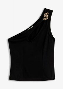 Top na jedno ramię z biżuteryjną ozdobą. Czerwone topy bonprix, z aplikacjami, eleganckie, bez kołnierzyka, bez ramiączek. Za 22,99 zł.