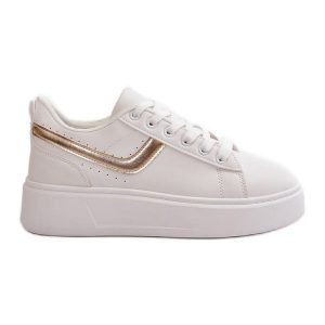 Trampki Sneakersy Damskie Na Platformie Z Eko Skóry Biało-Złote Brennessa białe. Białe trampki bez wzorów, ze skóry, bez zapięcia. Za 115,92 zł.