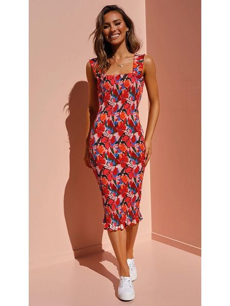 Tazga Sukienka w kolorze czerwono-jasnoróżowym rozmiar: 42. Czerwone sukienki Tazga, bez wzorów, bez kołnierzyka, bez ramiączek, midi. Za 140,20 zł.