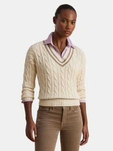 LAUREN RALPH LAUREN Sweter 200979662003 Écru Relaxed Fit. Swetry klasyczne Lauren Ralph Lauren, xxl, z bawełny, bez kołnierzyka. Za 549,99 zł.