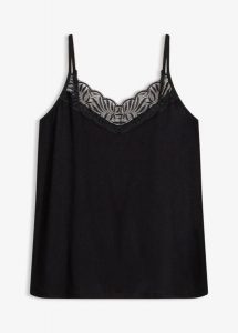 Top na cienkich ramiączkach. Czarne topy bonprix, bez wzorów, z koronki, eleganckie, bez kołnierzyka, bez ramiączek. Za 79,99 zł.