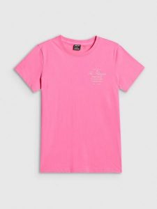 4F T-shirt regular z nadrukiem damski - różowy XL. Czerwone t-shirty 4f, xl, bez wzorów, z bawełny, bez kołnierzyka, bez ramiączek. Za 59,99 zł.