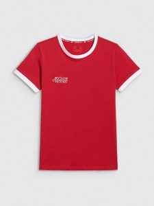 4F T-shirt regular z nadrukiem damski - czerwony XXL. Czerwone t-shirty 4f, uniwersalny, bez wzorów, z dzianiny, bez kołnierzyka, bez ramiączek. Za 59,99 zł.