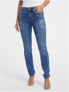 Orsay Dżinsy - Slim fit - w kolorze niebieskim rozmiar: 34. Niebieskie jeansy Orsay, z aplikacjami, ze skóry. Za 121,99 zł.