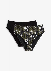 Figi bikini z wysokim stanem, lekko modelujące (2 pary). Czarne figi bonprix, bez wzorów. Za 59,98 zł.