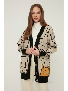 Trendyol Kardigan w kolorze beżowo-czarno-pomarańczowym rozmiar: L/XL. Brązowe kardigany Trendyol, ze splotem. Za 92,45 zł.