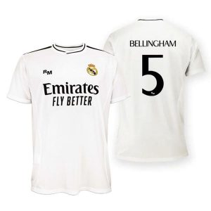 Koszulka domowa unisex Real Madryt 2024-25 Premium Replica - Bellingham 5. Białe bluzki REAL MADRID, s, bez wzorów, sportowe, bez kołnierzyka, bez ramiączek. Za 264,50 zł.
