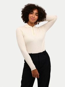 Kaffe Sweter Flora 10508952 Beżowy Slim Fit. Brązowe swetry klasyczne Kaffe, l, z bawełny, bez kołnierzyka. Za 129,99 zł.