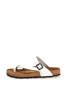 Comfortfusse Skórzane japonki w kolorze białym rozmiar: 40. Białe klapki Comfortfüße, bez wzorów, z materiału, z otwartym noskiem, bez obcasa. Za 239,99 zł.