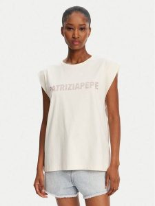 Patrizia Pepe T-Shirt 2M4418/J295-B823 Beżowy Regular Fit. Brązowe t-shirty Patrizia Pepe, m, bez wzorów, z bawełny, bez kołnierzyka, bez ramiączek. Za 269,99 zł.