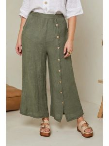 Curvy Lady Lniane spodnie w kolorze khaki rozmiar: 48/50. Brązowe spodnie z wysokim stanem Curvy Lady, bez wzorów, ze lnu, z podwyższonym stanem. Za 140,53 zł.