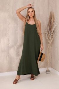 Sukienka długa na ramiączka khaki. Brązowe sukienki KESI, na co dzień, na lato, l, bez wzorów, z bawełny, eleganckie, bez kołnierzyka, bez ramiączek, maxi, proste. Za 121,29 zł.