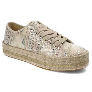 Beżowe Espadryle Rieker Modne Obuwie Damskie. Brązowe espadryle Rieker, bez wzorów, z materiału, bez obcasa. Za 259,00 zł.