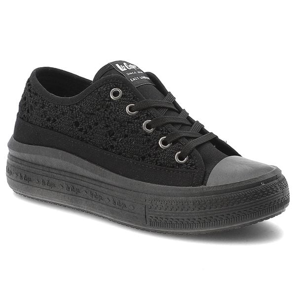 Czarne Trampki Lee Cooper Damskie Buty Na Platformie. Czarne trampki Lee Cooper, w ażurowe wzory, z jeansu, bez zapięcia. Za 129,00 zł.