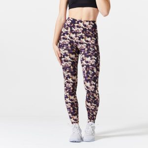 Legginsy fitness damskie Domyos 520. Fioletowe legginsy DOMYOS, bez wzorów, z bawełny, z podwyższonym stanem. W wyprzedaży za 59,99 zł.