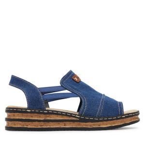 Sandały Rieker. Niebieskie sandały Rieker, bez wzorów, bez obcasa, na koturnie, bez zapięcia. Za 319,99 zł.
