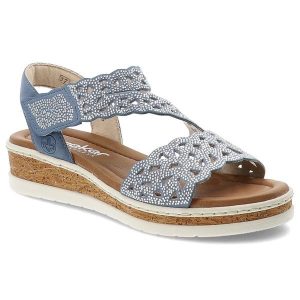 Sandały damskie Rieker, cholewka ze skóry ekologicznej z ażurowym wzorem i zdobieniami z kryształków regulowane zapięcie na rzep, niebieskie, V4150-1. Niebieskie sandały Rieker, z aplikacjami, ze skóry ekologicznej, bez obcasa, na koturnie, bez zapięcia. Za 329,00 zł.