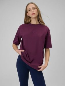 4F T-shirt loose gładki damski - burgundowy XL. Czerwone t-shirty 4f, xl, bez wzorów, z bawełny, bez kołnierzyka, bez ramiączek. Za 59,99 zł.