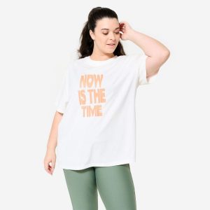 Koszulka damska Domyos Gym & Pilates oversize. Białe bluzki DOMYOS, l, bez wzorów, z bawełny, eleganckie, bez kołnierzyka, bez ramiączek. W wyprzedaży za 39,99 zł.