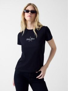 Guess Jeans T-Shirt 180635 Czarny Classic Fit. Czarne t-shirty Guess Jeans, l, z aplikacjami, z jeansu, bez kołnierzyka, bez ramiączek. Za 169,99 zł.