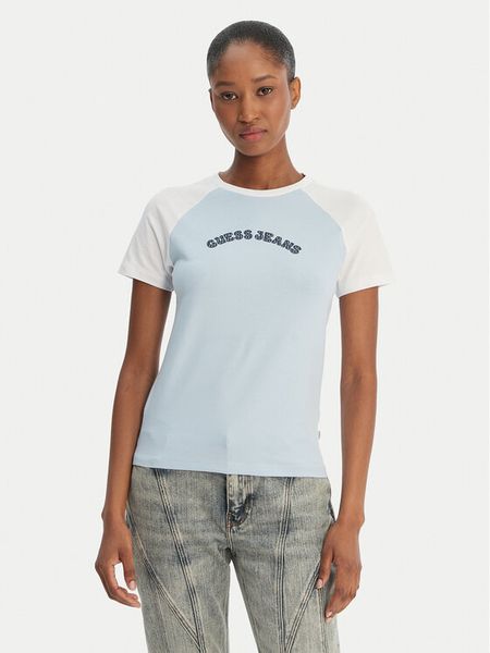 Guess Jeans T-Shirt W6GIB0 J1314 Błękitny Regular Fit. Niebieskie t-shirty Guess Jeans, l, z aplikacjami, z bawełny, bez kołnierzyka, bez ramiączek. Za 168,99 zł.