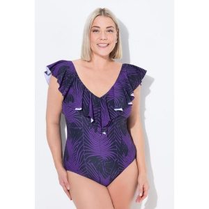 Damski Kostium kąpielowy wzór skóra węża miękkie miseczki falbana z recyklingu. Fioletowe stroje jednoczęściowe Ulla Popken, bez wzorów, z elastanu. Za 244,99 zł.
