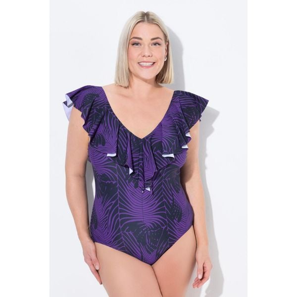 Damski Kostium kąpielowy wzór skóra węża miękkie miseczki falbana z recyklingu. Fioletowe stroje jednoczęściowe Ulla Popken, bez wzorów, z elastanu. Za 244,99 zł.