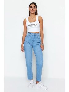 Trendyol Dżinsy - Tapered fit - w kolorze błękitnym rozmiar: 44. Niebieskie jeansy Trendyol, bez wzorów, z bawełny, z podwyższonym stanem. Za 61,46 zł.