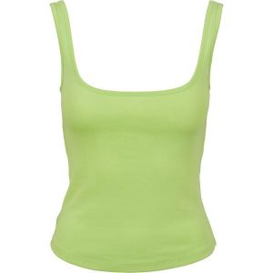 Damski klasyczny miejski top z szerokim wycięciem. Żółte topy Urban Classics, bez wzorów, klasyczne, bez kołnierzyka, bez ramiączek. Za 93,00 zł.