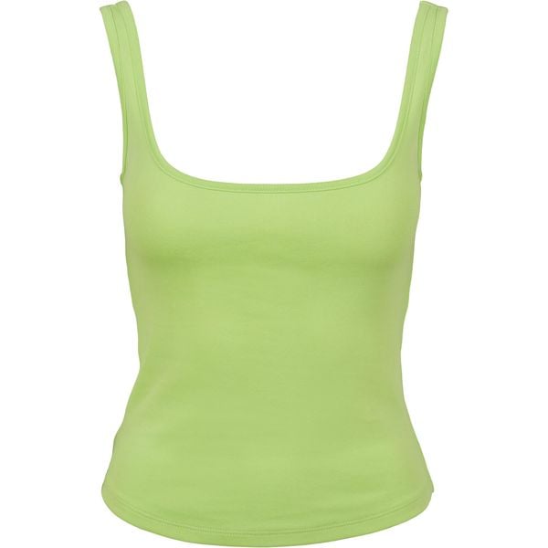 Damski klasyczny miejski top z szerokim wycięciem. Żółte topy Urban Classics, bez wzorów, klasyczne, bez kołnierzyka, bez ramiączek. Za 93,00 zł.