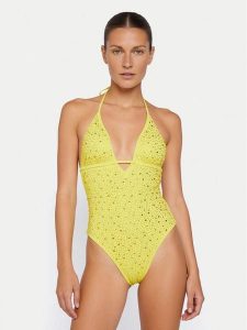 Guess Strój kąpielowy E6GJ36 MC040 Zielony. Zielone stroje jednoczęściowe Guess, z aplikacjami, z syntetyku. Za 298,99 zł.