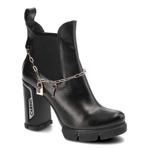 Czarne Botki Carinii Damskie Eleganckie Buty Na Słupku. Czarne botki Carinii, na jesień, bez wzorów, ze skóry, bez obcasa, na obcasie, bez zapięcia. Za 409,00 zł.