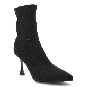 Czarne Botki S.Barski Eleganckie Obuwie Damskie. Czarne botki S.BARSKI, z aplikacjami, ze szpiczastym noskiem, bez obcasa, na obcasie, bez zapięcia. Za 229,99 zł.