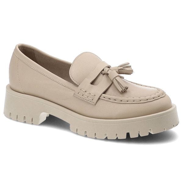 Mokasyny damskie Chebello, ze skóry naturalnej licowej z frędzlami na przodzie wsuwaną konstrukcją skórzaną wkładką , bezowy, 2821_-394-000-PSK-S173. Brązowe półbuty CheBello, na lato, bez wzorów, ze skóry, bez obcasa, bez zapięcia. Za 459,00 zł.