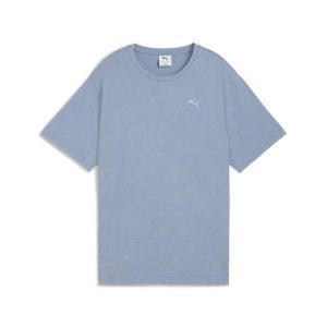Damska koszulka Essentials Elevated o luźnym kroju z efektem sprania PUMA. Niebieskie bluzki Puma, bez wzorów, sportowe, bez kołnierzyka, bez ramiączek. Za 129,00 zł.