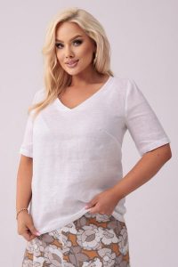 Lniana bluzka Blanca w kolorze optical white PLUS SIZE OVERSIZE XXL. Białe bluzki Moda Size Plus Iwanek, plus size, bez wzorów, z jeansu, eleganckie, bez kołnierzyka, plus size, bez ramiączek. Za 249,90 zł.