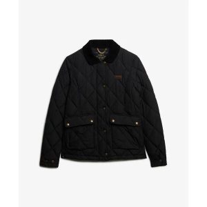 Damska kurtka puchowa Superdry Cord Trimmed Liner. Czarne kurtki Superdry, bez wzorów, z puchu, bez kaptura. Za 565,50 zł.