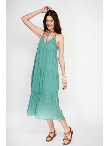 ASSUILI Lniana sukienka w kolorze turkusowym rozmiar: 36. Niebieskie sukienki Assuili, bez wzorów, ze lnu, bez kołnierzyka, bez ramiączek, maxi, rozkloszowane. Za 130,99 zł.