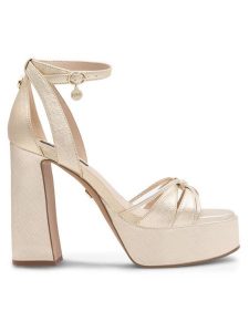 Nine West Sandały AAHIDA ZL23002CC Złoty. Żółte sandały Nine West, bez wzorów, ze skóry, bez obcasa, na słupku, bez zapięcia. Za 174,99 zł.
