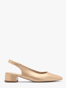 Złote czółenka damskie z otwartą piętą typu slingback ELIZABETH. Żółte czółenka Ryłko, bez wzorów, z gumy, z otwartym noskiem, bez obcasa, na obcasie, bez zapięcia. Za 379,99 zł.