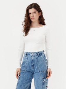 Tommy Jeans Bluzka DW0DW21350 Écru Slim Fit. Bluzki Tommy Jeans, l, bez wzorów, z bawełny, bez kołnierzyka, bez ramiączek. W wyprzedaży za 119,99 zł.