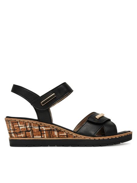 Remonte Sandały R6266-00 Czarny. Czarne sandały Remonte, bez wzorów, ze skóry, bez obcasa, na koturnie, bez zapięcia. Za 359,99 zł.