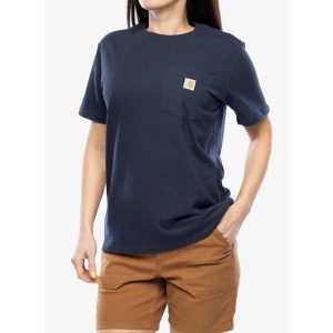T-shirt bawełniany damski Carhartt Workwear Pocket S/S T-Shirt. Niebieskie koszulki sportowe CARHARTT, bez wzorów, z bawełny, bez ramiączek. Za 93,99 zł.