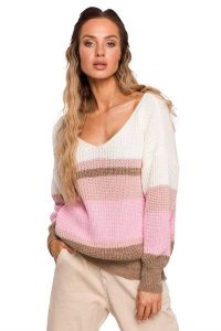 Kolorowy sweter w paski i z dekoltem w serek. Swetry klasyczne MOE, m, bez kołnierzyka. Za 239,00 zł.