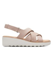 Clarks Skórzane sandały w kolorze jasnoróżowym na koturnie rozmiar: 39. Różowe sandały Clarks, bez wzorów, ze skóry, z otwartym noskiem, bez obcasa, na koturnie, bez zapięcia. Za 125,27 zł.