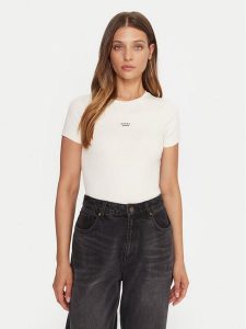 Guess Jeans T-Shirt W5BP45 KA0H1 Beżowy Slim Fit. Brązowe t-shirty Guess Jeans, m, z aplikacjami, z bawełny, bez kołnierzyka, bez ramiączek. Za 129,99 zł.