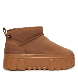 Śniegowce Tommy Jeans. Brązowe buty zimowe Tommy Jeans, z jeansu, bez obcasa, bez zapięcia. Za 649,99 zł.