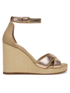 Tommy Hilfiger Sandały Flag Metallic High Wedge Espad FW0FW08811 Złoty. Żółte sandały TOMMY HILFIGER, bez wzorów, ze skóry, bez obcasa, na koturnie, bez zapięcia. Za 239,99 zł.