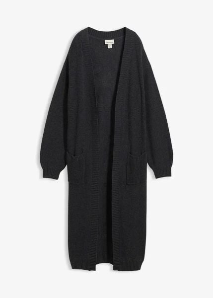 Długi kardigan z obniżoną linią ramion. Szare długie swetry bonprix, bez kołnierzyka. Za 129,99 zł.